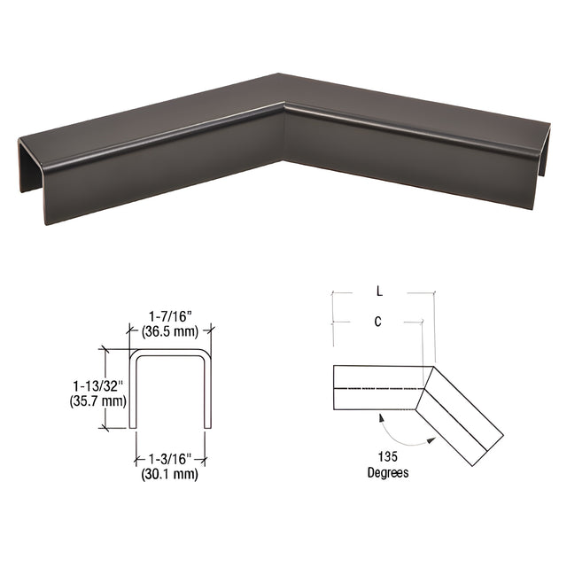 CRL Matte Black L10 Series U-Channel 135 Degree Horizontal Corner for 21.52 mm Laminated Glass Cap Railing