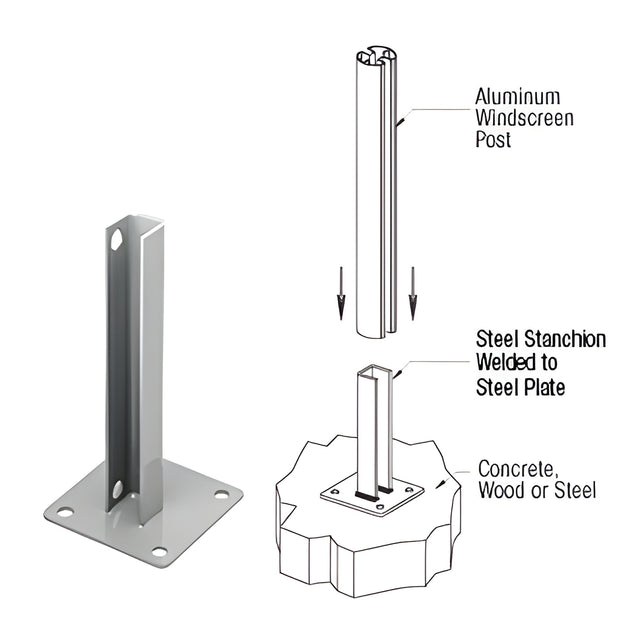 CRL Metallic Silver AWS Steel Stanchion for 180 Degree Round or Rectangular Center or End Posts