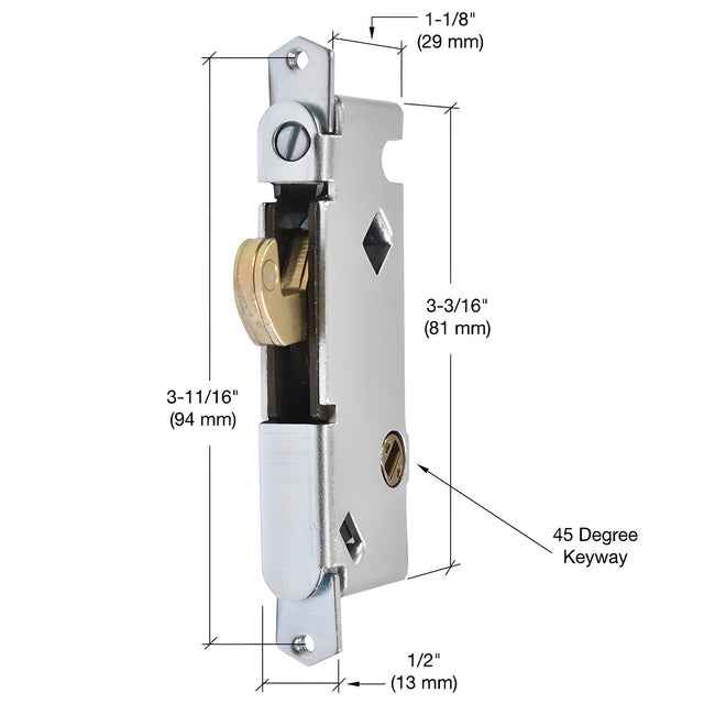 CRL 1/2" Wide Stainless Steel Round End Face Plate Mortise Lock with 45 Degree Keyway for W&F Doors