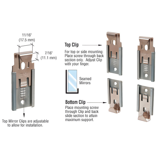 CRL Nickel Plated Adjustable Mirraco® Mirror Clip Set for 1/2" Seamed Mirror