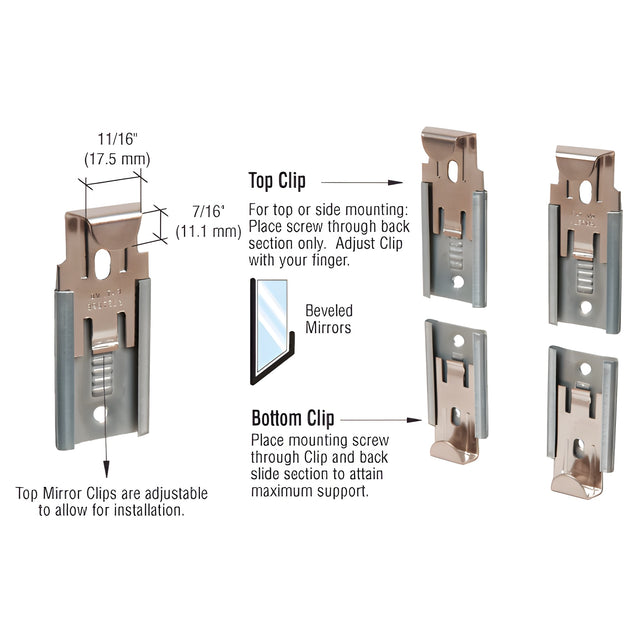 CRL Nickel Plated Adjustable Mirror Clip Set for 1/4" Beveled Mirror