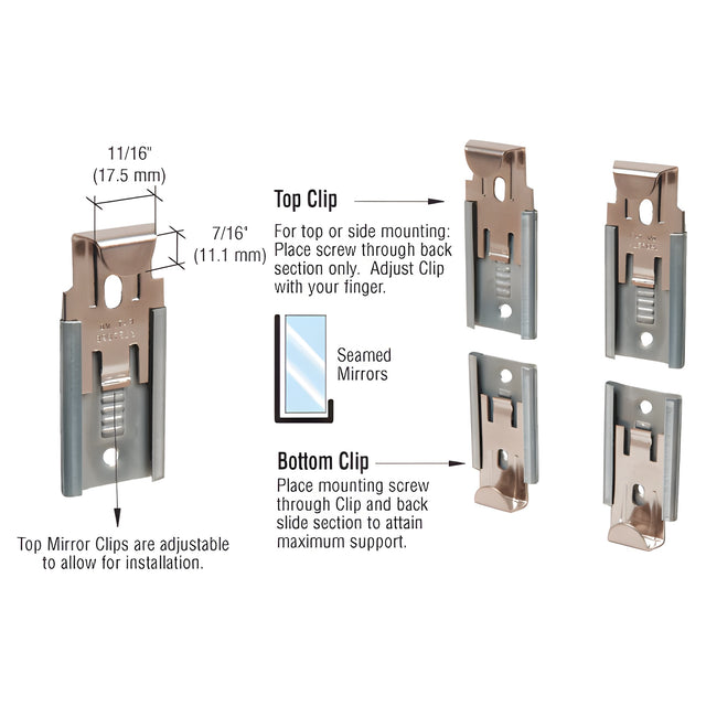CRL Nickel Plated Adjustable Mirror Clip Set for 1/4" Seamed Mirror