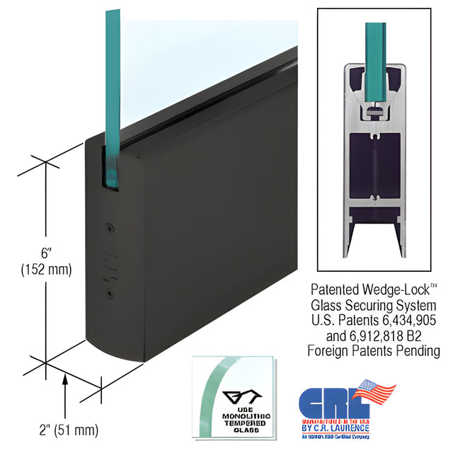 CRL Oil Rubbed Bronze 1/2" Glass 6" Square Door Rail Without Lock - Custom Length