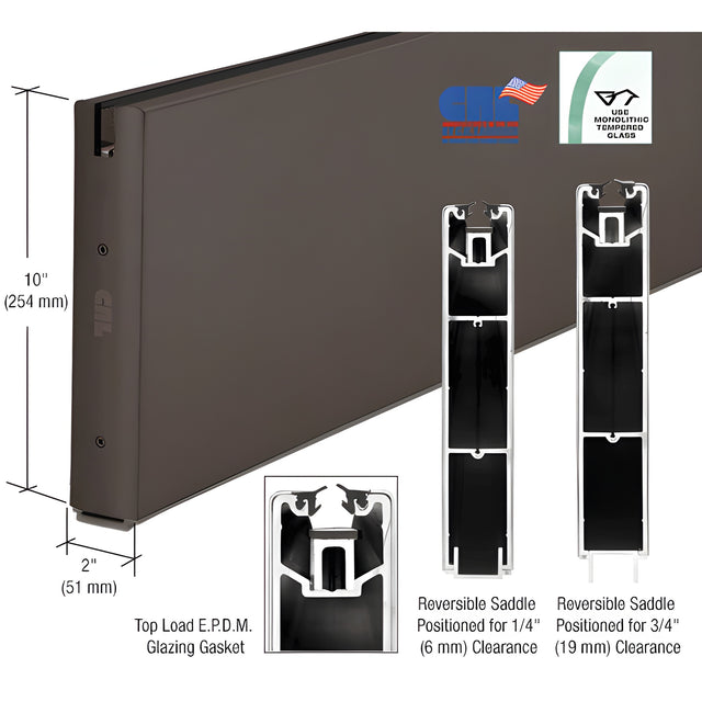 CRL Oil Rubbed Bronze 10" Custom Length Square Sidelite Rail for 3/8" or 1/2" Glass