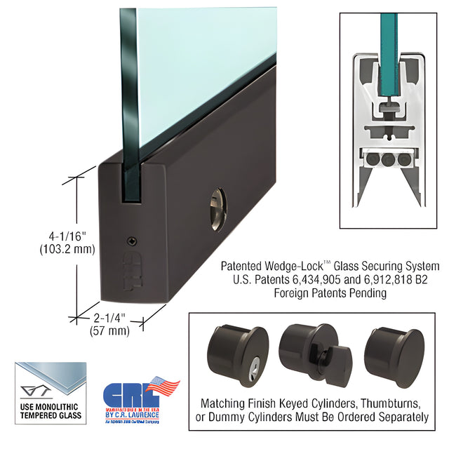 CRL Oil Rubbed Bronze 3/4" Glass 4" Square Door Rail With Lock - Custom Length
