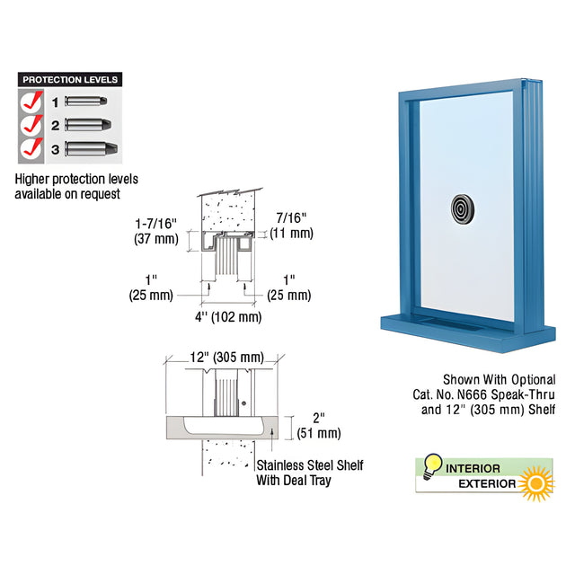 CRL Painted (Specify) Aluminum Narrow Inset Frame Exterior Glazed Exchange Window with 12" Shelf and Deal Tray