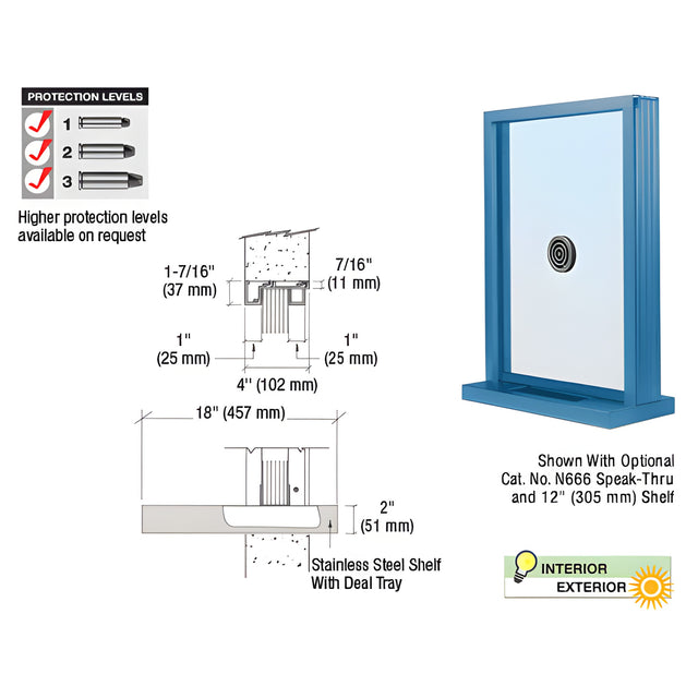 CRL Painted (Specify) Aluminum Narrow Inset Frame Exterior Glazed Exchange Window With 18" Shelf and Deal Tray