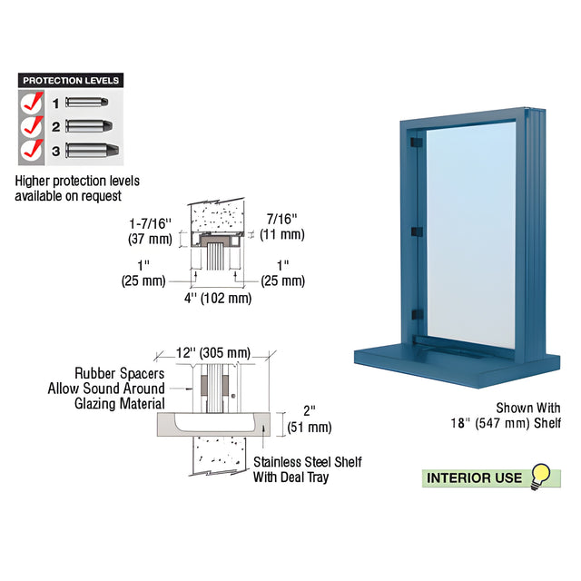 CRL Painted (Specify) Aluminum Narrow Inset Frame Interior Glazed Exchange Window with 12" Shelf and Deal Tray