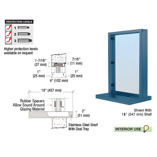 CRL Painted (Specify) Aluminum Narrow Inset Frame Interior Glazed Exchange Window with 18" Shelf and Deal Tray