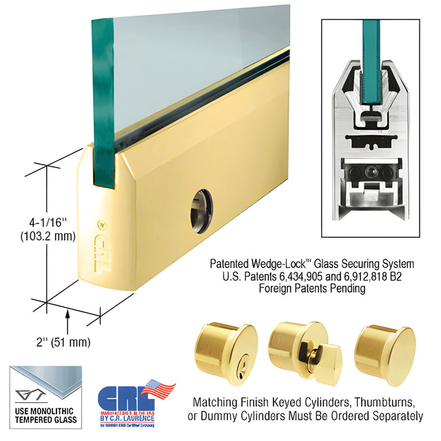 CRL Polished Brass 1/2" Glass 4" Tapered Door Rail With Lock - Custom Length