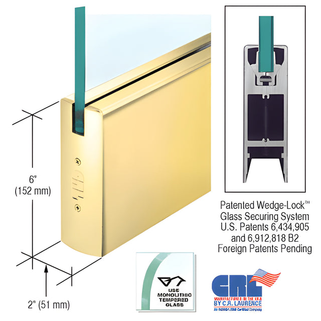 CRL Polished Brass 3/8" Glass 6" Square Door Rail Without Lock - Custom Length