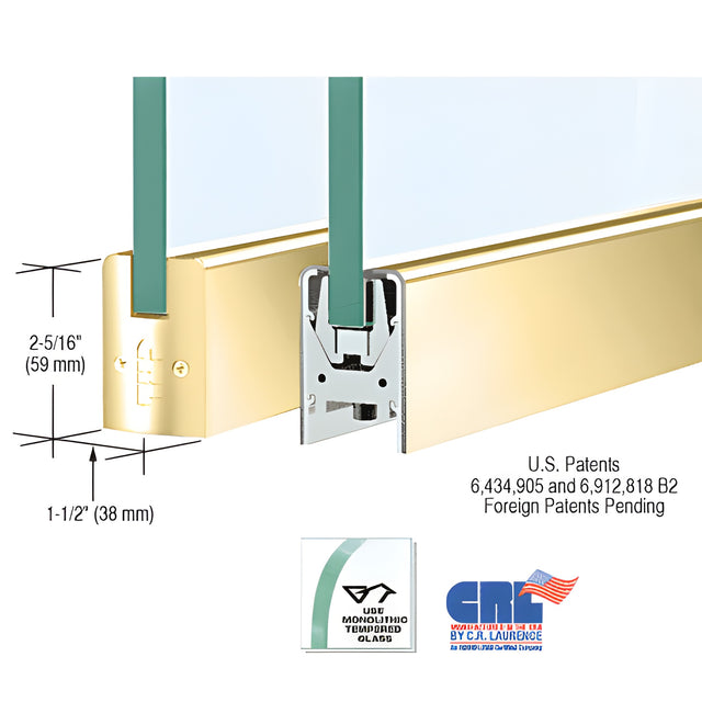 CRL Polished Brass 3/8" Glass Low Profile Square Door Rail without Lock - Custom Length