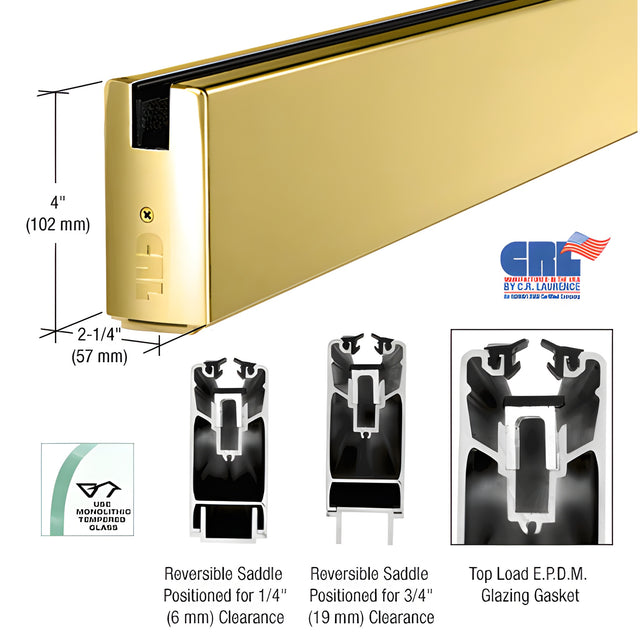 CRL Polished Brass 4" Custom Length Square Sidelite Rail for 3/4" Glass