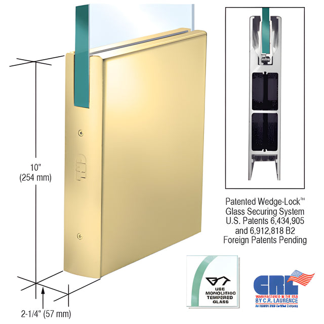 CRL Polished Brass 5/8" Glass 10" Square Door Rail Without Lock - Custom Length