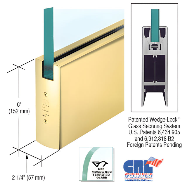 CRL Polished Brass 5/8" Glass 6" Square Door Rail Without Lock - Custom Length