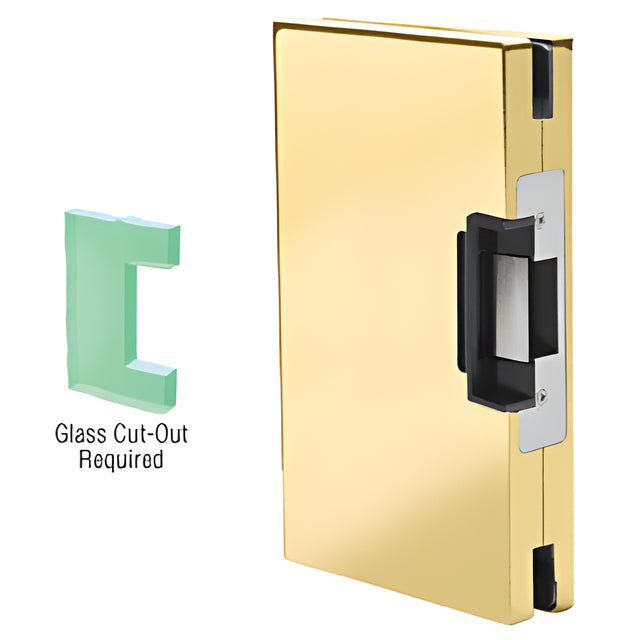 CRL Polished Brass 6" x 10" LH/RHR Custom Center Lock Glass Keeper With Deadlatch Electric Strike
