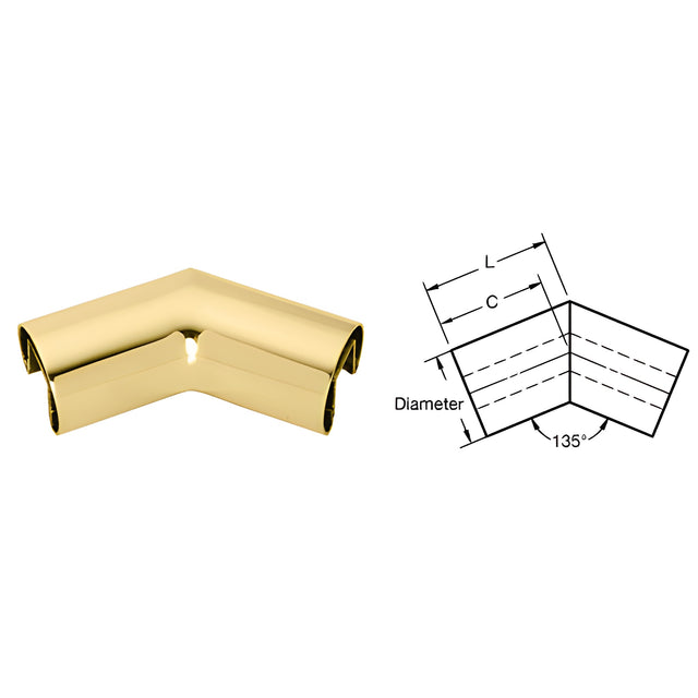 CRL Polished Brass 64 mm Diameter 135 Degree Horizontal Corner for 21.52 or 25.52 mm Glass Cap Railing
