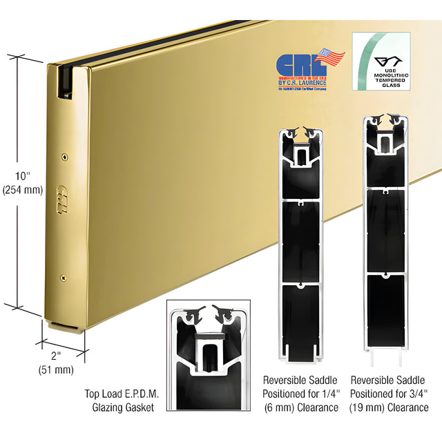 CRL Polished Brass Anodized 10" Custom Length Square Sidelite Rail for 3/8" or 1/2" Glass