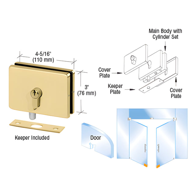 CRL Polished Brass European EUR Series Glass Mounted Patch Lock With Keeper Plate