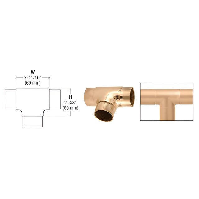 CRL Polished Brass Flush Tee for 2" Tubing