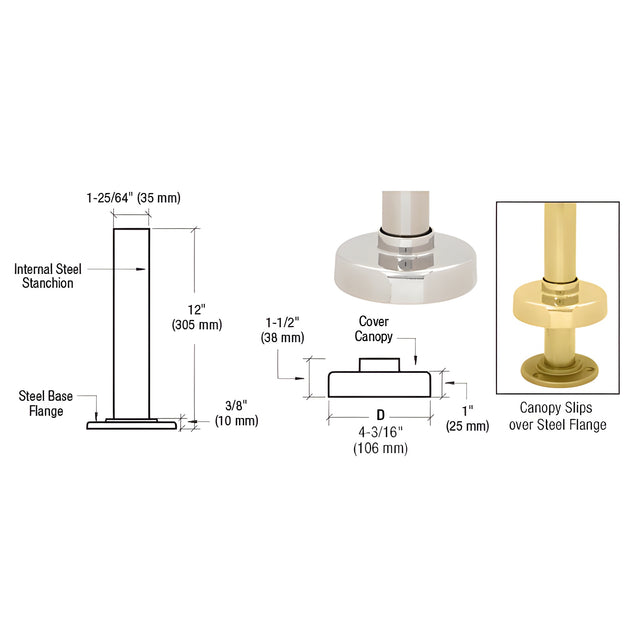 CRL Polished Brass Steel Flange and Canopy for 1-1/2" Tubing