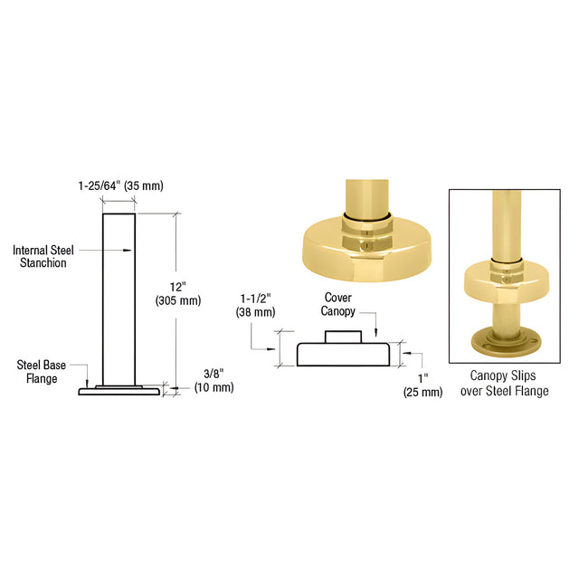 CRL Polished Brass Steel Flange and Canopy for 2" Tubing