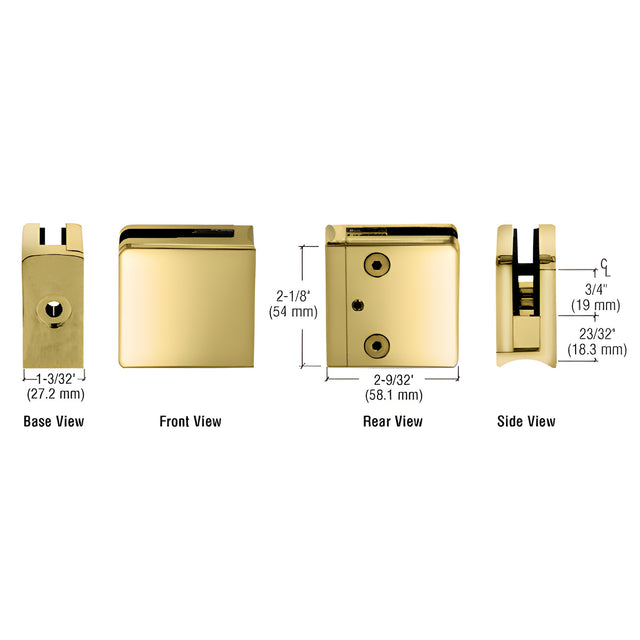 CRL Polished Brass Z-Series Square Type Radius Base Zinc Clamp for 3/8" Glass