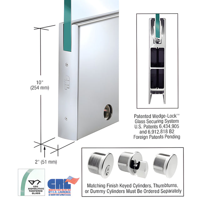 CRL Polished Stainless 1/2" Glass 10" Square Door Rail With Lock - Custom Length