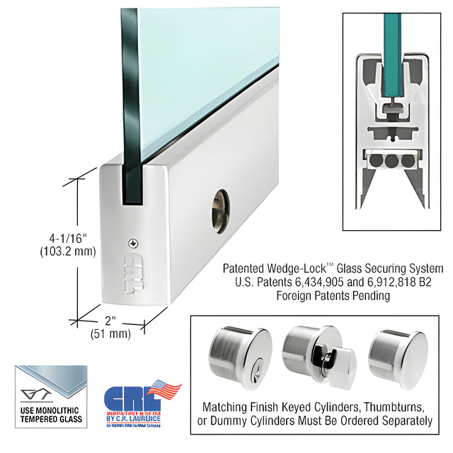 CRL Polished Stainless 1/2" Glass 4" Square Door Rail With Lock - 35-3/4" Length