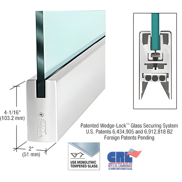 CRL Polished Stainless 1/2" Glass 4" Square Door Rail Without Lock - 35-3/4" Length