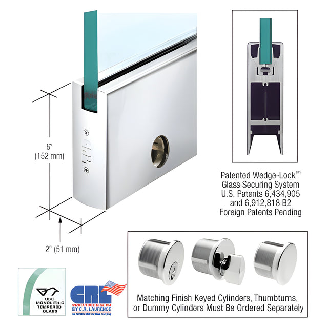 CRL Polished Stainless 1/2" Glass 6" Square Door Rail With Lock - 35-3/4" Length