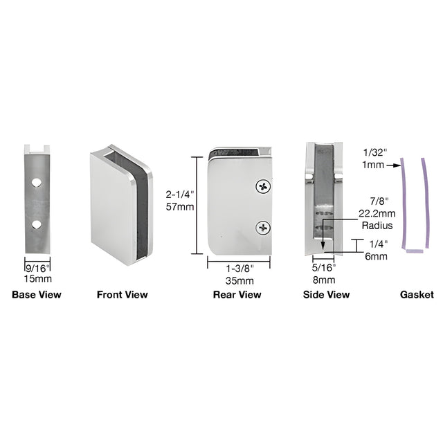 CRL Polished Stainless 1/4" Closed Bottom Left Hand Bottom Radius Base Glass Clip