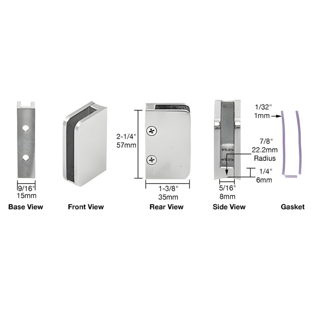 CRL Polished Stainless 1/4" Closed Bottom Right Hand Radius Base Glass Clip