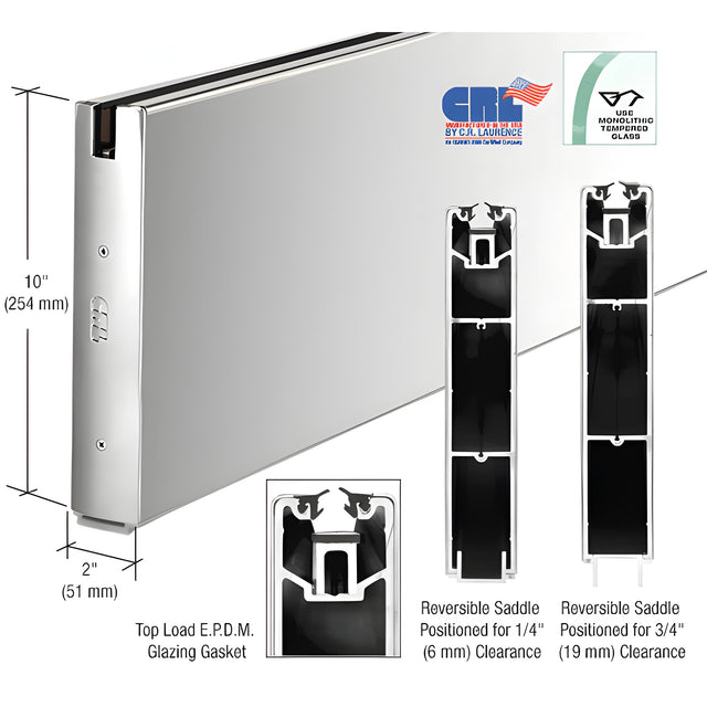 CRL Polished Stainless 10" Custom Length Square Sidelite Rail for 3/8" or 1/2" Glass