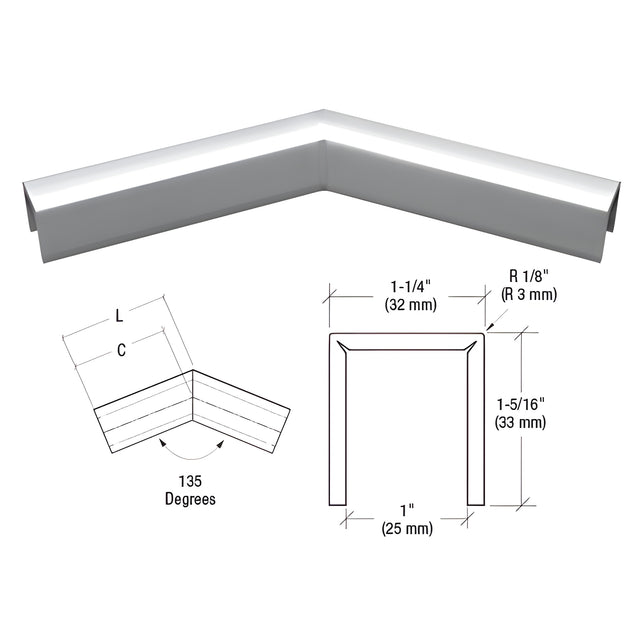 CRL Polished Stainless 11 Gauge 135 Degree Horizontal Corner for 3/4" Glass Crisp Corner Low Profile Cap Rail