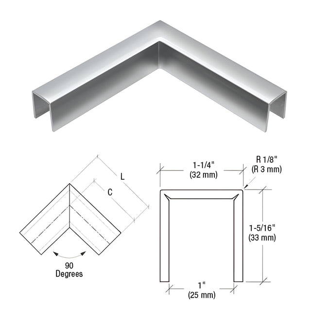 CRL Polished Stainless 11 Gauge 90 Degree Horizontal Corner for 3/4" Glass Crisp Corner Low Profile Cap Rail
