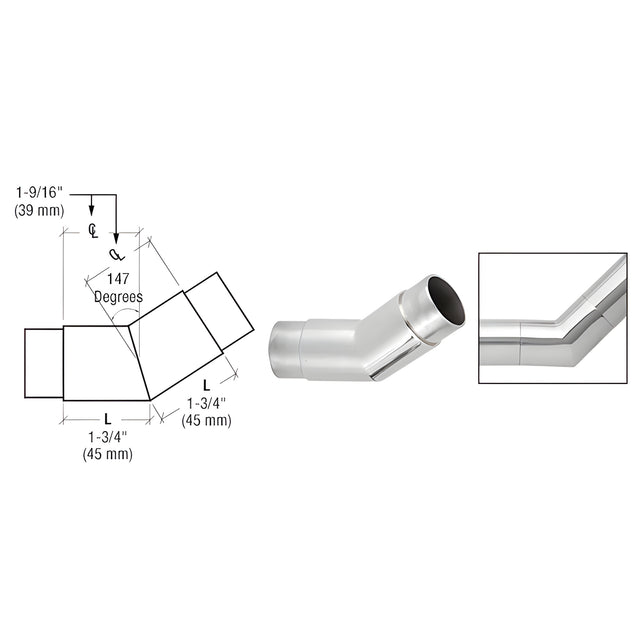 CRL Polished Stainless 147 Degree Flush Angle for 1-1/2" Tubing