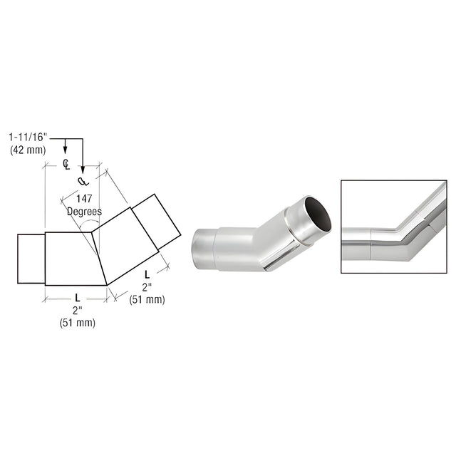 CRL Polished Stainless 147 Degree Flush Angle for 2" Tubing