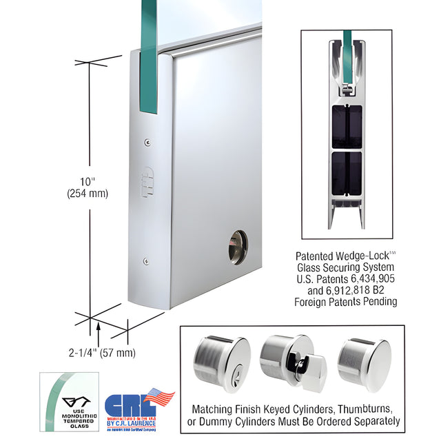 CRL Polished Stainless 3/4" Glass 10" Square Door Rail With Lock - Custom Length