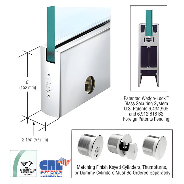 CRL Polished Stainless 3/4" Glass 6" Square Door Rail With Lock - 35-3/4" Length