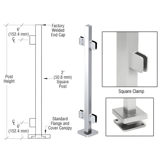 CRL Polished Stainless 36" Steel Square Glass Clamp 180 Degree Center Square Post Railing Kit