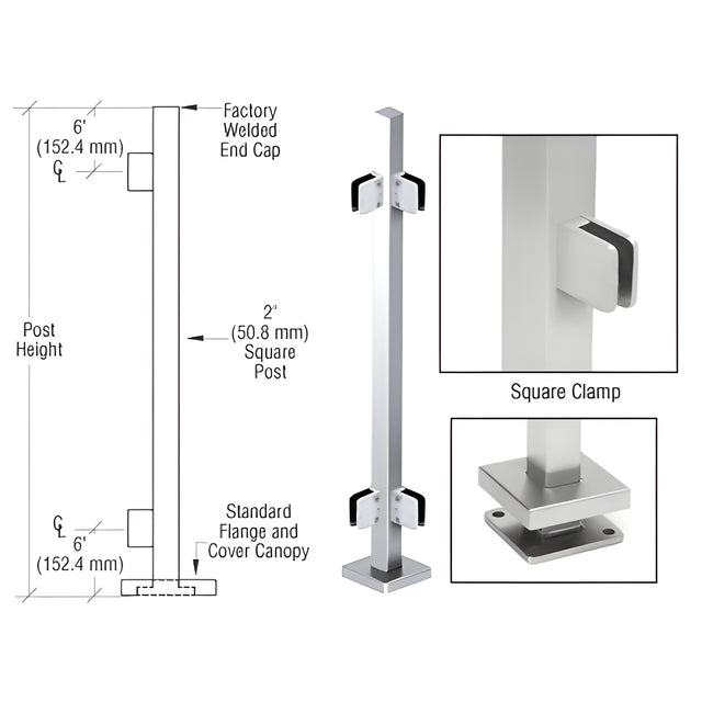 CRL Polished Stainless 36" Steel Square Glass Clamp 90 Degree Corner Square Post Railing Kit
