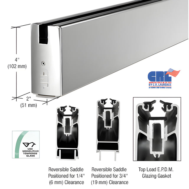 CRL Polished Stainless 4" Custom Length Square Sidelite Rail for 3/8" and 1/2" Glass