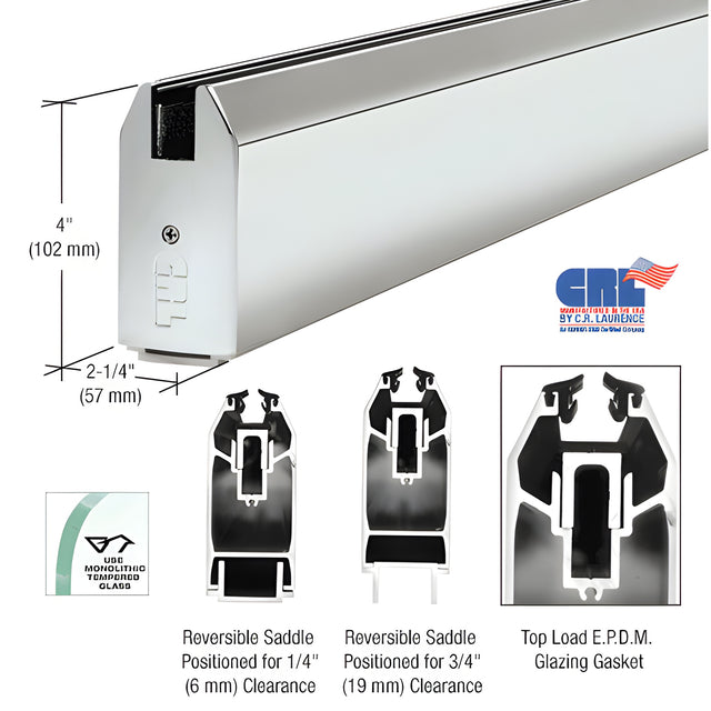 CRL Polished Stainless 4" Tapered Sidelite Rail for 3/4" Glass