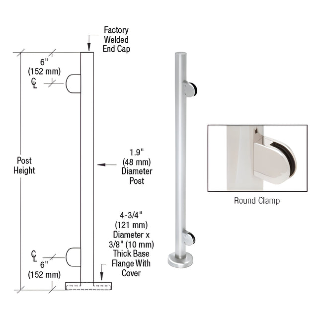 CRL Polished Stainless 42" Steel Round Glass Clamp End Post Railing Kit
