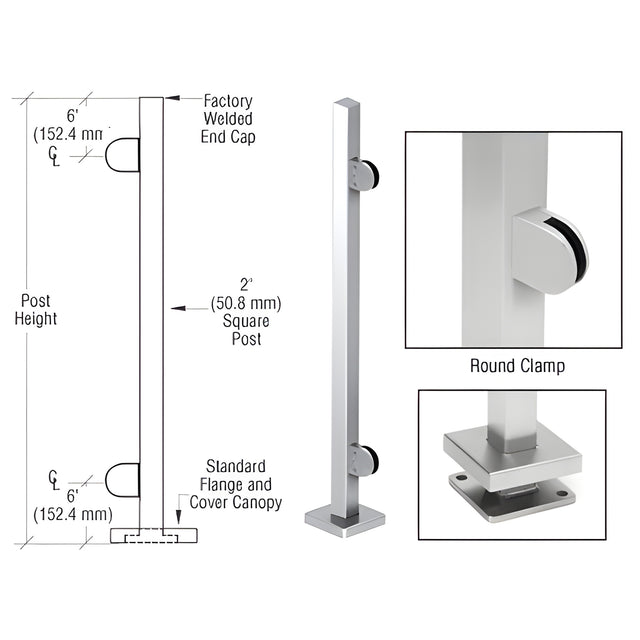 CRL Polished Stainless 42" Steel Round Glass Clamp End Square Post Railing Kit