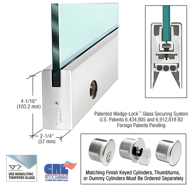 CRL Polished Stainless 5/8" Glass 4" Square Door Rail With Lock - 35-3/4" Length