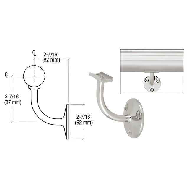 CRL Polished Stainless Del Mar Series Wall Mounted Hand Railing Bracket for 2" Tubing