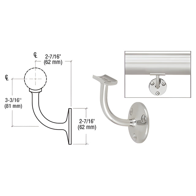 CRL Polished Stainless Del Mar Series Wall Mounted Short Arm Hand Rail Bracket