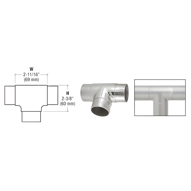 CRL Polished Stainless Flush Tee for 2" Tubing